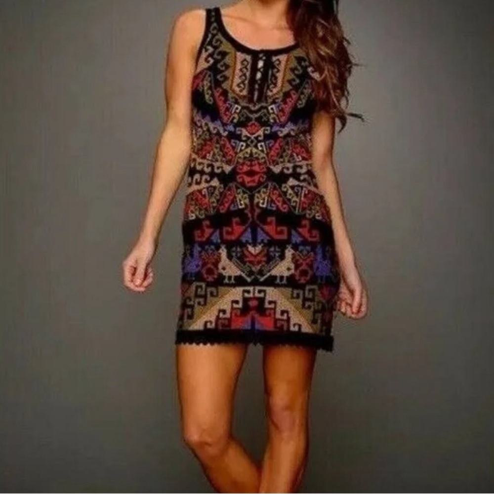Free People Aztec Cross Stitch Embroidered Andean Sheath Dress